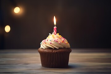 Chocolate Cupcake with whipped cream on the top decorated with Birthday Candle