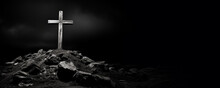 Religious Christian Banner Of A Black And White Wooden Cross On Rock Hilltop With Copy Space