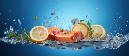 Sticker - Levitating salmon steak with lemon and rosemary on blue backdrop Food idea with raw fish