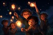 © antusher - A group of children playing with sparklers in the dark