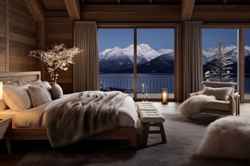 Wall Mural - Interior of  cozy montain chalet bedroom with large bed and big window