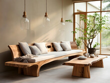 Rustic Live Edge Coffee Table And Wood Log Bench Near Stucco Wall. Wabi-sabi, Farmhouse, Japanese Style Home Interior Design Of Modern Living Room.