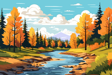 Fall autumn landscape background vector, simple abstract style. Good for fashion fabrics, children’s clothing, postcards, social post, books, wallpaper, banner, events, covers, advertising, and more.