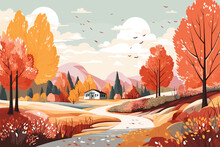 Fall Autumn Landscape Background Vector, Simple Abstract Style. Good For Fashion Fabrics, Children’s Clothing, Postcards, Social Post, Books, Wallpaper, Banner, Events, Covers, Advertising, And More.