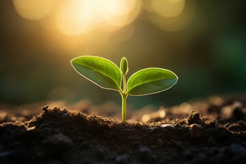 A close-up view of a young plant, bathed in the soft morning light