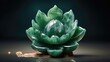 Green jade stone carving depicting a sacred lotus flower in bloom outside in a tranquil and peaceful zen garden, close up macro.  