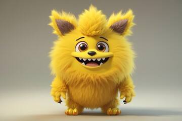 Wall Mural - Cute yellow monster 3D cartoon character. Generative Ai.