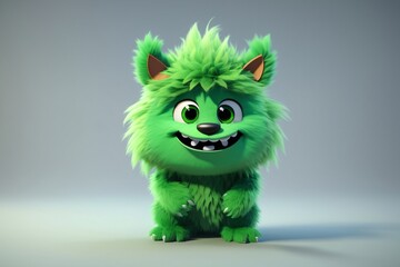 Wall Mural - Cute green monster 3D cartoon character. Generative Ai.