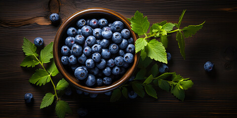 Wall Mural - Bilberry banner. Bowl full of bilberries. Close-up food photography background