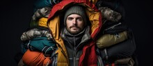 Man With Multiple Clothes Layers Winter Jacket Layering Various Fastener Types Velcro Zipper Draw String