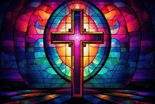 Illustration In Stained Glass Style With Cross On The Background Of The Stained Glass Window