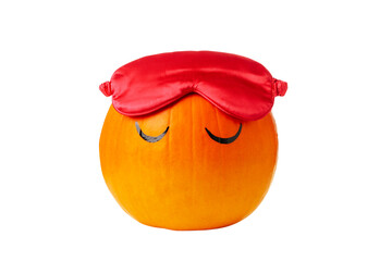 Wall Mural - PNG, Pumpkin with eyelashes and a sleeping mask, isolated on white background