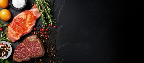 Wall Mural - Different types of proteins rib eye dorado pork egg Overhead view On a black stone backdrop