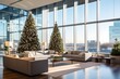 Spacious office lobby with panoramic windows and a decorated Christmas tree