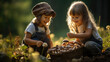 Children collect mushrooms in the forest.