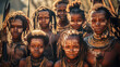 Group of People and children from african tribe complete with cultural tattoos, cosmetics and stone-wood spear weapons. Ethnic groups in Africa. Generative Ai