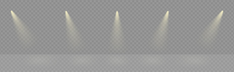 Poster - Spotlight illuminated stage background. White rays of floodlight, ies lamp beam set. Festive warm rays on transparent background