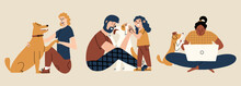 People spending time with their pets flat set. Woman and man with dog. Hand draw illustration. 