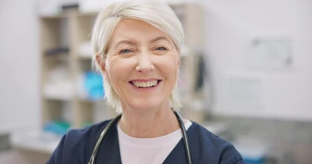 Sticker - Vet smile, face and mature woman confident in medical career, wellness clinic pride or healthcare work. Industry expert, veterinary portrait or hospital veterinarian care, help or specialist services