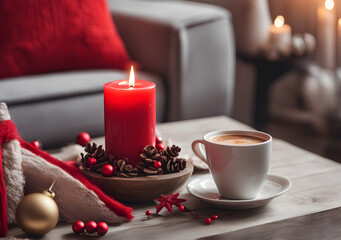 Christmas or new year decoration with red candle and coffee . Living room interior and holiday home decor concept. Generative Ai