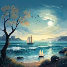 AI Art. Illustration Of A Marine Landscape Made In Watercolor Technique. Two Sailboats On Waves In The Ocean. A Painting Of The Sea And Two Ships Under The Moon