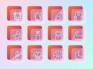 Wall Mural - Set line Jump rope, Kimono, Weight, Basketball ball, Punching bag, Whistle, Stopwatch and boxing gloves icon. Vector