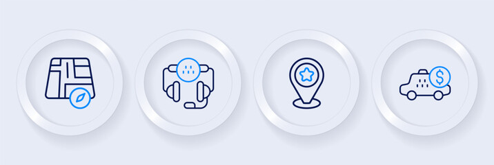 Poster - Set line Taximeter device, Location with star, call telephone service and taxi car icon. Vector