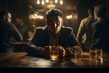 Attractive Man Spending Time In Whiskey Bar. Handsome Young Man Drinking Alcoholic Beverages In A Pub.