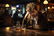 Sad depressed man spending time in whiskey bar. Handsome young man drinking alcoholic beverages in a pub.
