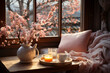 Cozy warm spring composition with cup of hot coffee or chocolate, cozy blanket and blossoming cherry branches on sunny spring day. Spring home decor. Easter.
