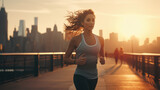 Young woman in sportswear jogging on beach. Female jogger runner running outdoors. Active lifestyle concept.