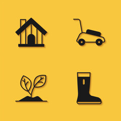 Canvas Print - Set Farm house, Waterproof rubber boot, Sprout and Lawn mower icon with long shadow. Vector