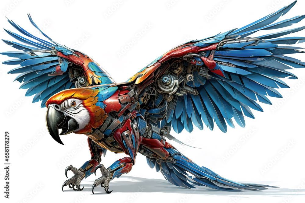 Image of a macaw parrot modified into a electronics robot on a white ...