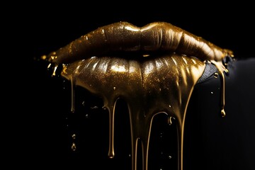 Golden liquid drips on a black backdrop, closeup of beautiful gold lipsticked lips. Generative AI