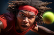 © ADDICTIVE STOCK - AI generated illustration of African American serious brown eyed player with tennis ball looking at camera against dark background