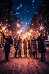 Happy friends in warm clothes celebrate Christmas and New Year with burning sparklers on a winter snowy street. Back view. Christmas holidays