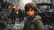 Haunting portrait of resilient young boy scavenging in war-torn Middle Eastern ruins.