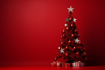 illustration of christmas tree on red background created with generative ai