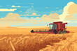 Combine harvester working in wheat field. Wheat harvesting process with modern combine, vector
