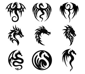 Wall Mural - set of dragon silhouettes, black and white illustration. stylized symbol, sign, logo, vector emblem.