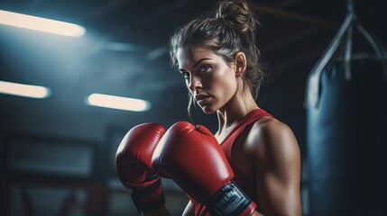 Young woman wearing boxing gloves practices boxing in the gym