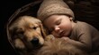 Sleeping newborn baby with a dog in a basket
