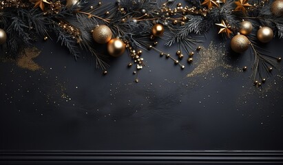 Elegant Christmas background with shiny decorations, black background with New Year decoration