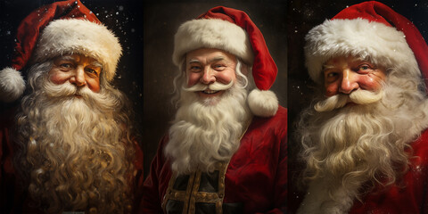 Collection set of 3 vintage antique style Santa Claus close up portrait, Christmas and holiday greeting cards