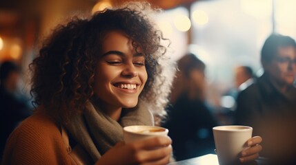 Wall Mural - Young woman at cafe drinking delicious coffee with smile