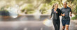 © aLListar/peopleimages.com - Mature, couple, running and fitness with mockup space and bokeh with smile from sport on road. Exercise, training and workout of a happy athlete on a street for health and wellness together outdoor