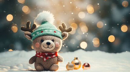 Christmas background with a knitted reindeer christmas decoration