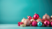 Pink, Turquoise And Purple Satin Christmas Balls With Small Lights Around Them. Christmas Decoration For Ideal For The New Year's Eve