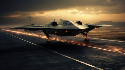 Wall Mural - Silhouette of spy drone ready for takeoff on the runway.