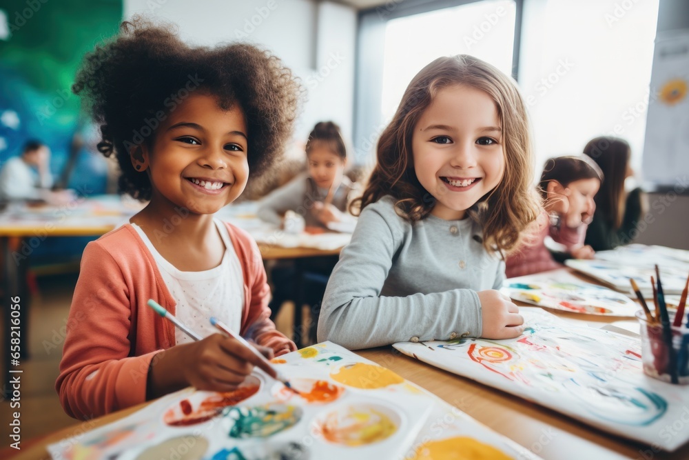Kids painting with watercolors at school Stock Photo | Adobe Stock